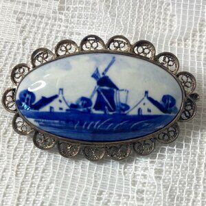 Vintage Delft Silver filigree Windmill Holland Oval Porcelain Brooch